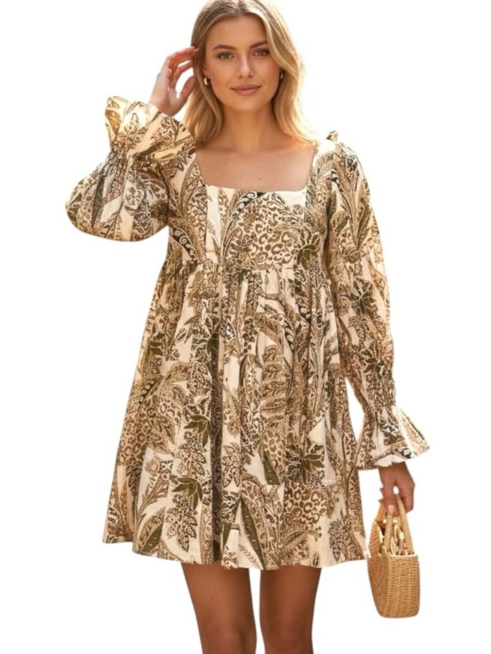 NWOT PILCRO Anthropologie Paisley Mini Dress Boho Cottagecore Puff Sleeve Sz S